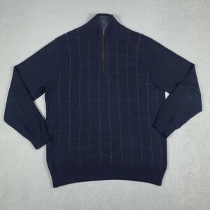 Alan Flusser Blue Check Quarter Zip Pullover Sweater Sweatshirt Adult Size Large